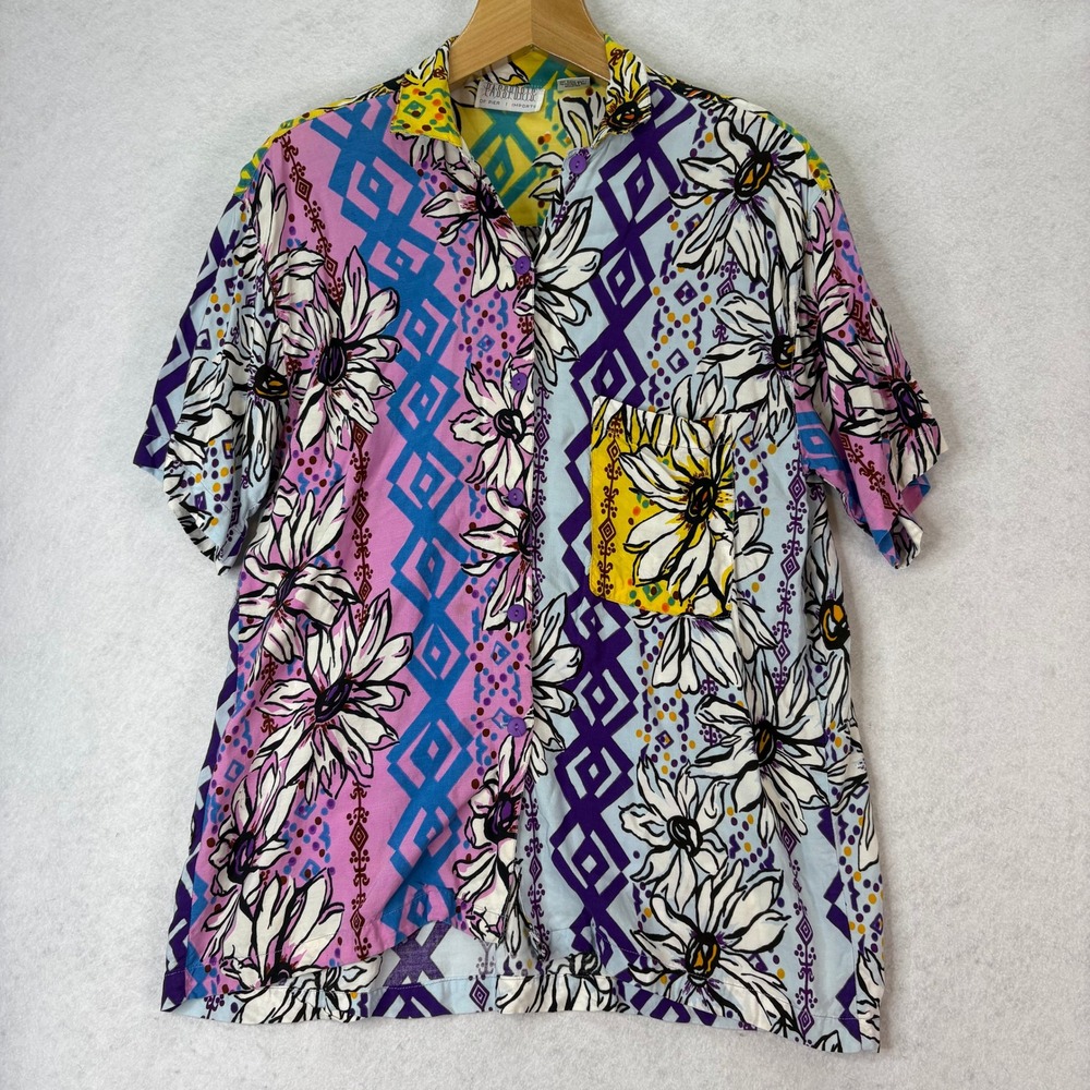 Vtg Passports of Pier 1 Colorful Floral Geometric Button Up Shirt Sz M Eclectic